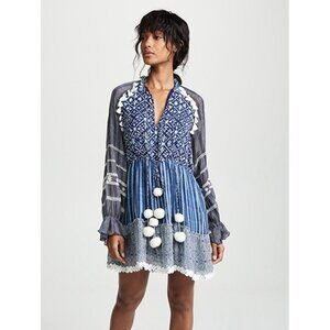Hemant & Nandita Indigo Blue Print Boho Tassel Long Sleeve Flowy Mini Dress Sz L
